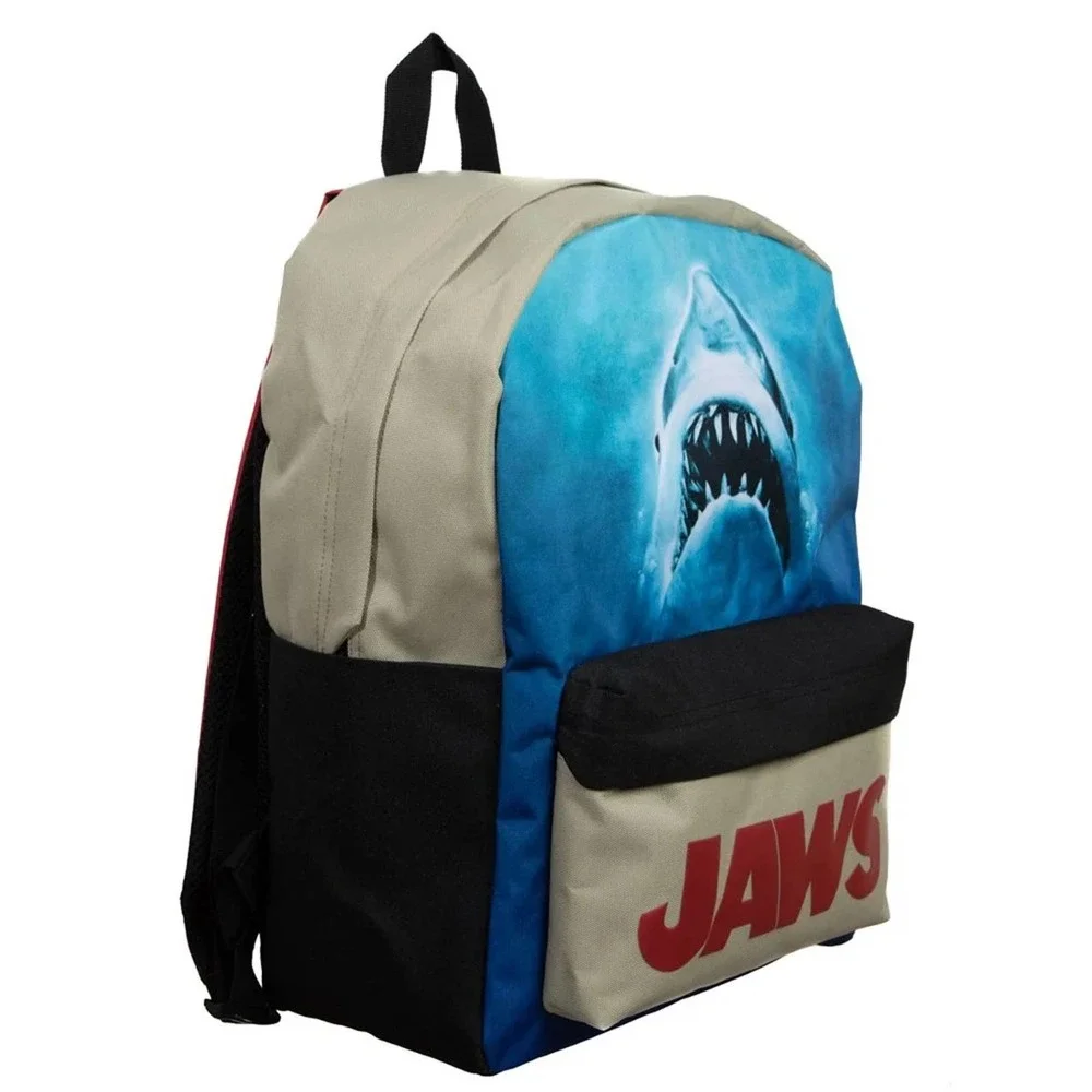 Bioworld Jaws Shark Graphic Backpack in Blue, Black, Beige with Red Logo